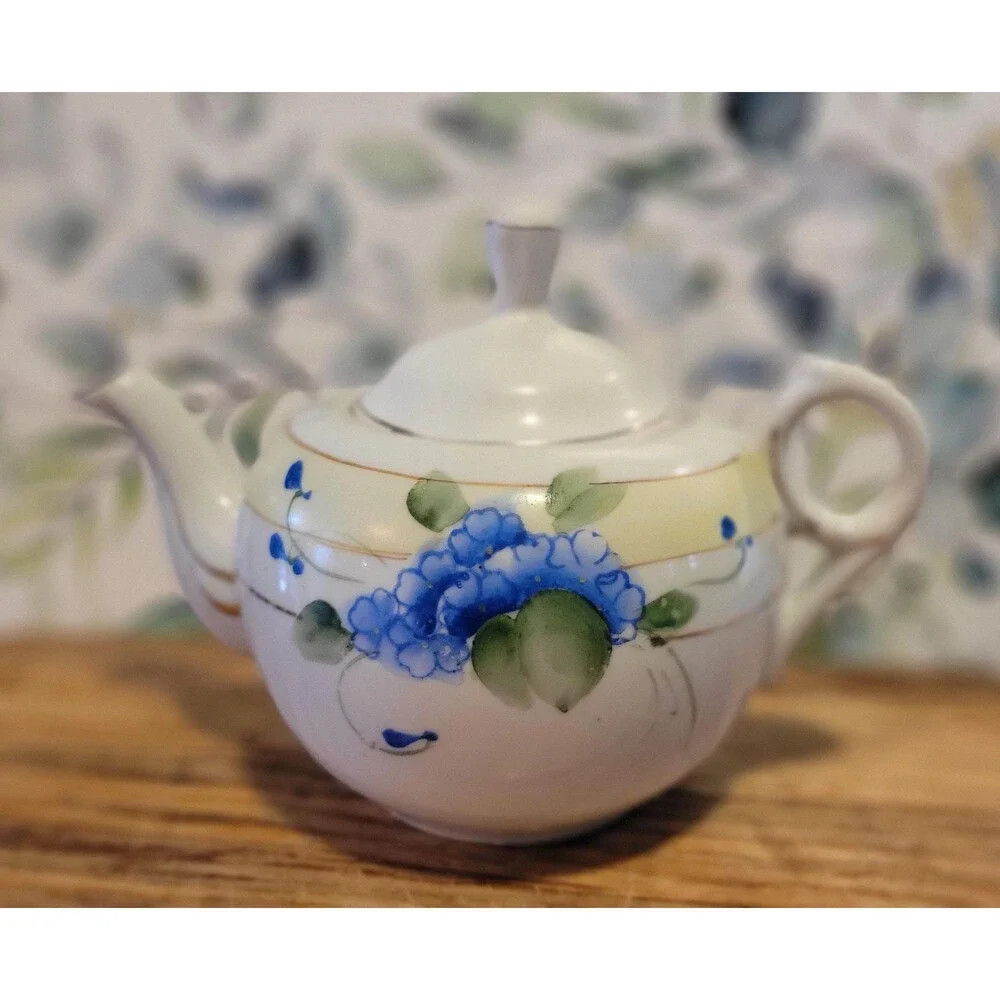 Antique Hand Painted Blue Floral Porcelain Teapot - 1930s Japan Blue Lusterware